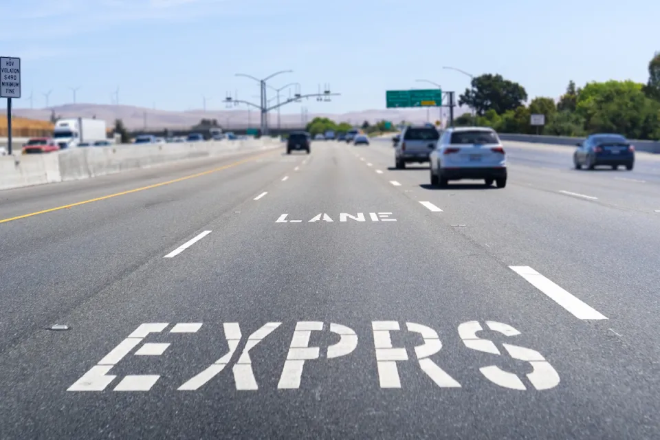 Close-up of express lane marker on Bay Area freeway.